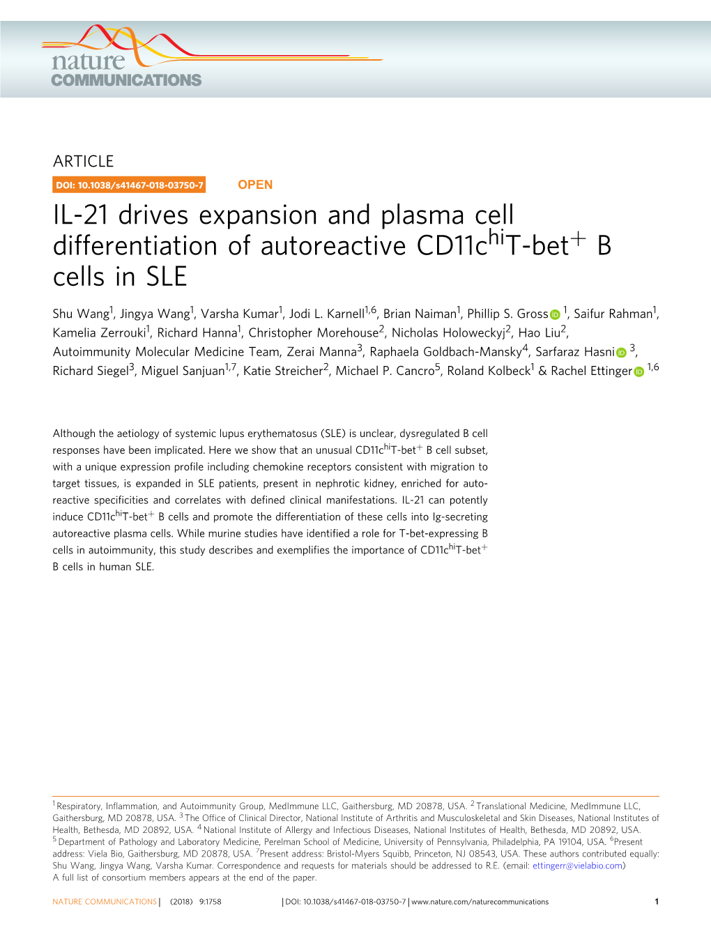 IL-21 Drives Expansion and Plasma Cell Differentiation of Autoreactive Cd11chit-Bet+ B Cells in SLE