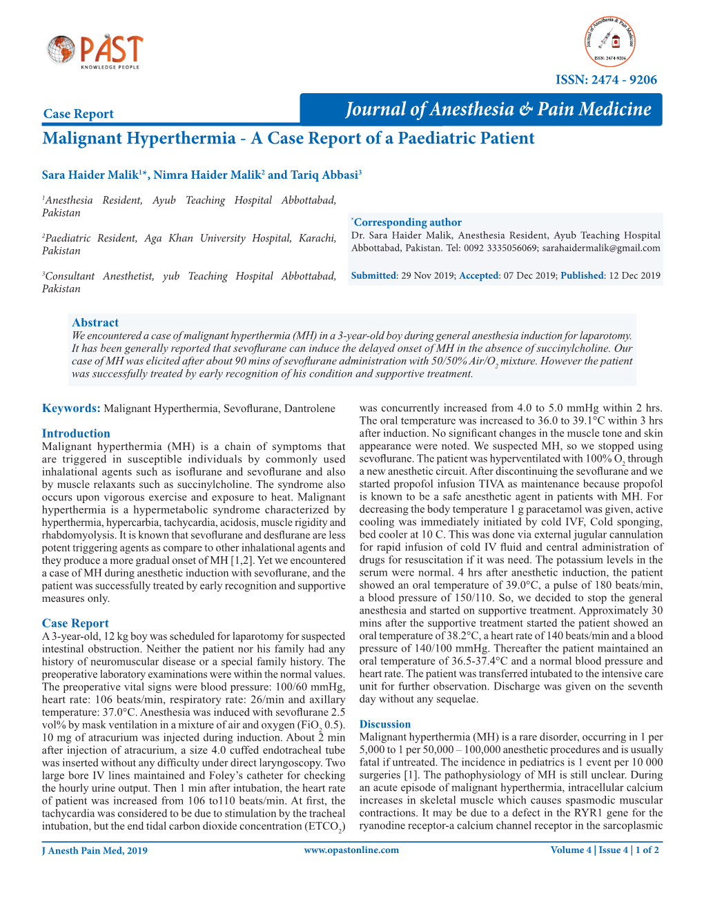 Malignant Hyperthermia - a Case Report of a Paediatric Patient