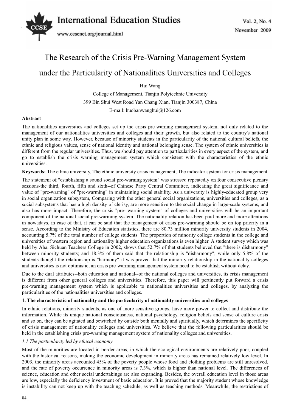 The Research of the Crisis Pre-Warning Management System Under the Particularity of Nationalities Universities and Colleges