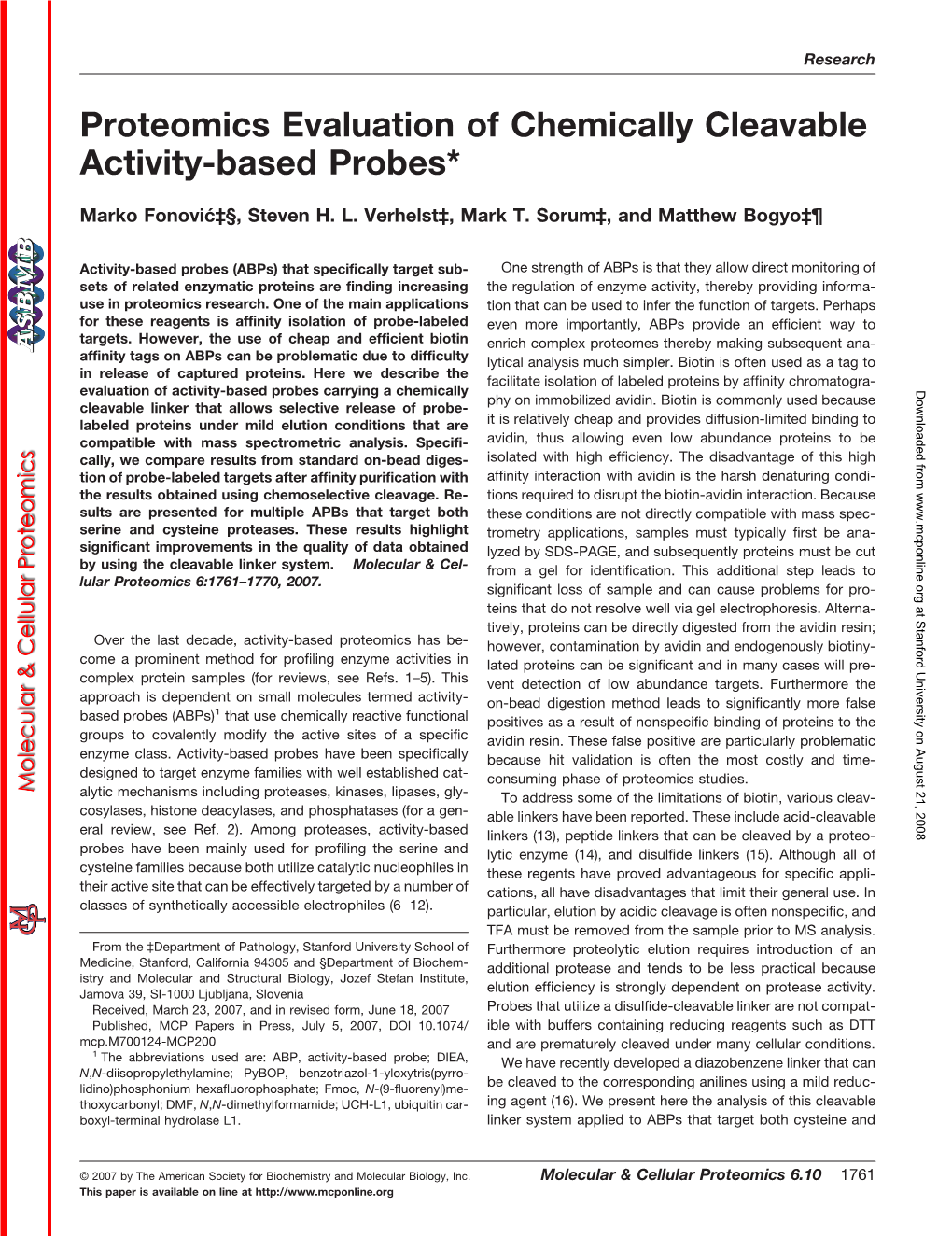 Proteomics Evaluation of Chemically Cleavable Activity-Based Probes*