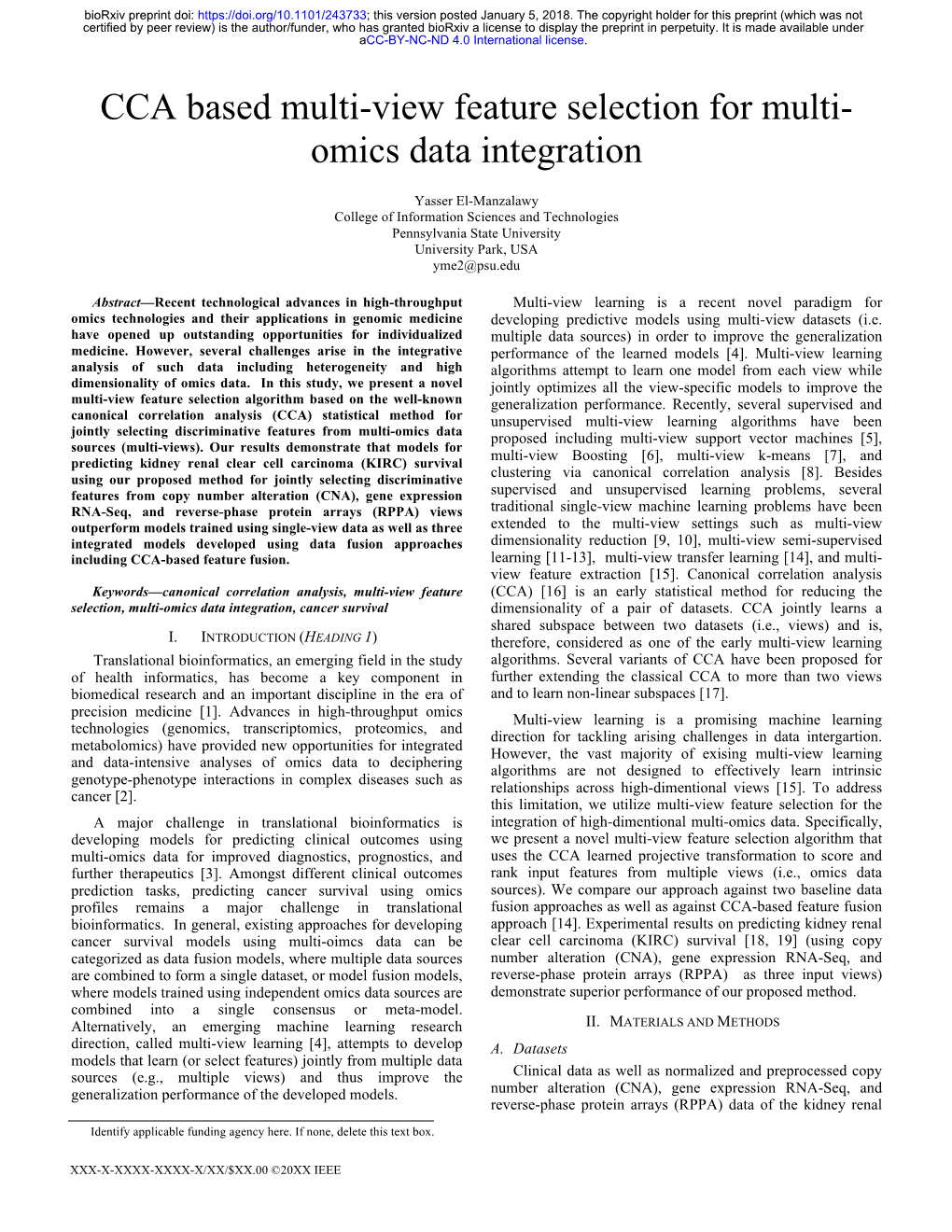 CCA Based Multi-View Feature Selection for Multi-Omics Data Integration