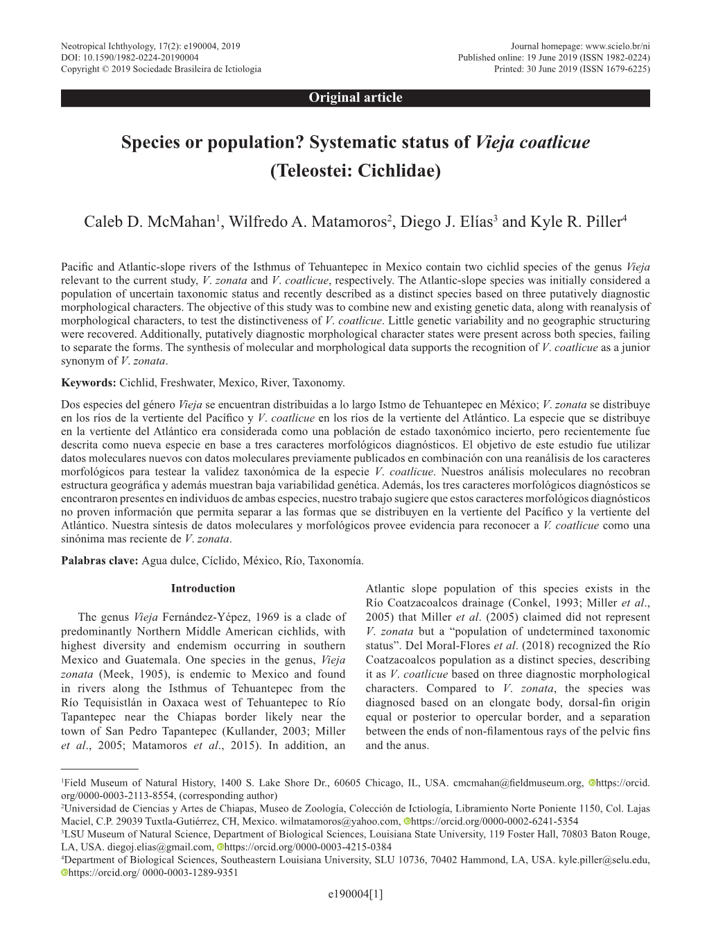 Species Or Population? Systematic Status of Vieja Coatlicue (Teleostei: Cichlidae)