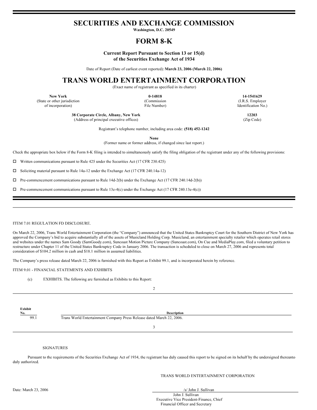 Securities and Exchange Commission Form 8-K Trans