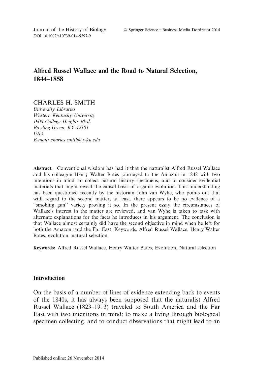 Alfred Russel Wallace and the Road to Natural Selection, 1844–1858