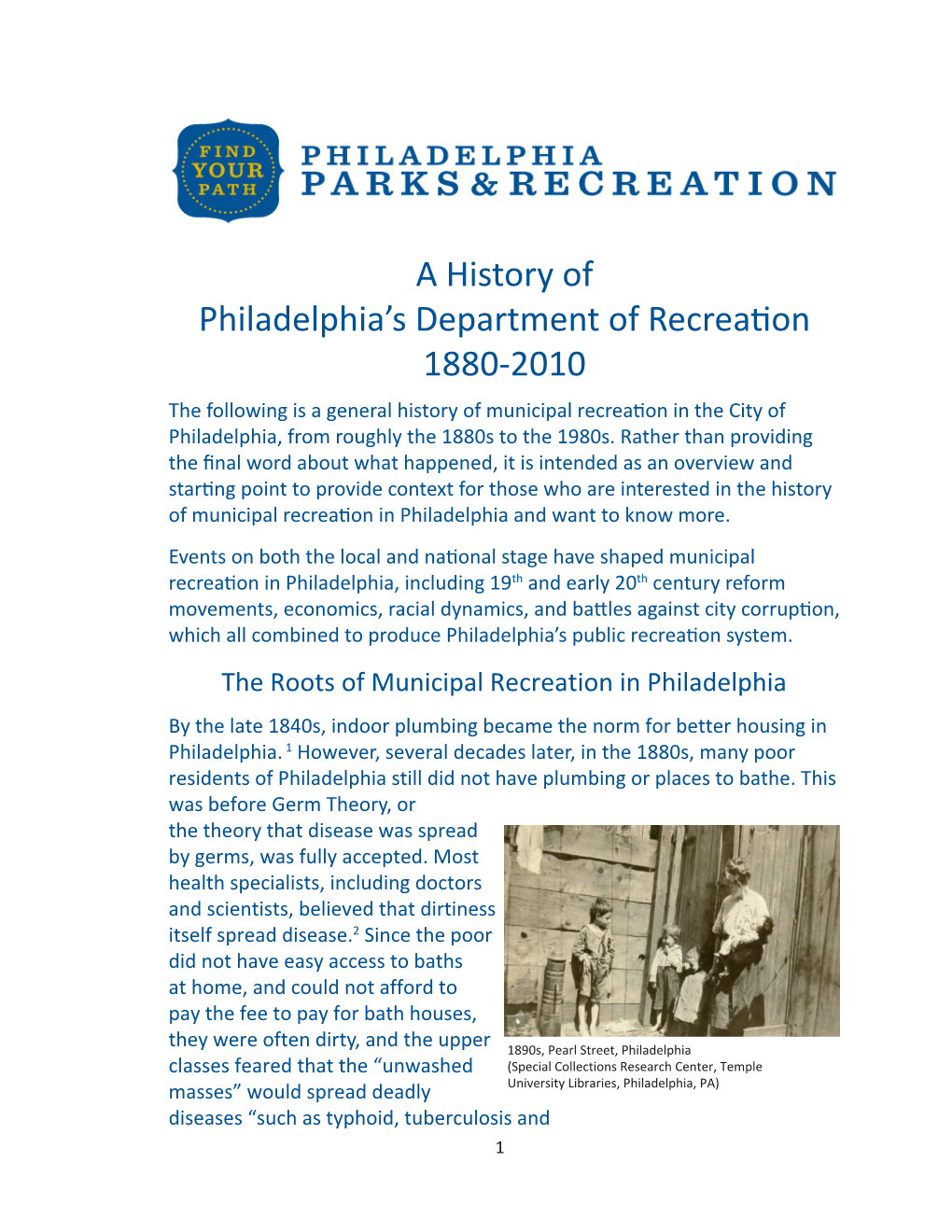 A History of Philadelphia's Department of Recreation 1880-2010