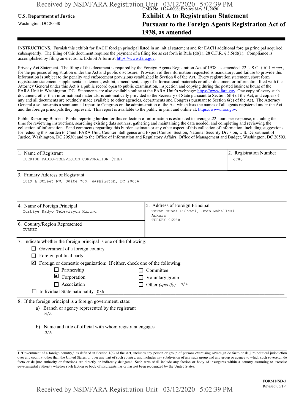 Exhibit a to Registration Statement Received by NSD/FARA Registration Unit 03/12/2020 5:02:39 PM Received by NSD/FARA Registrati