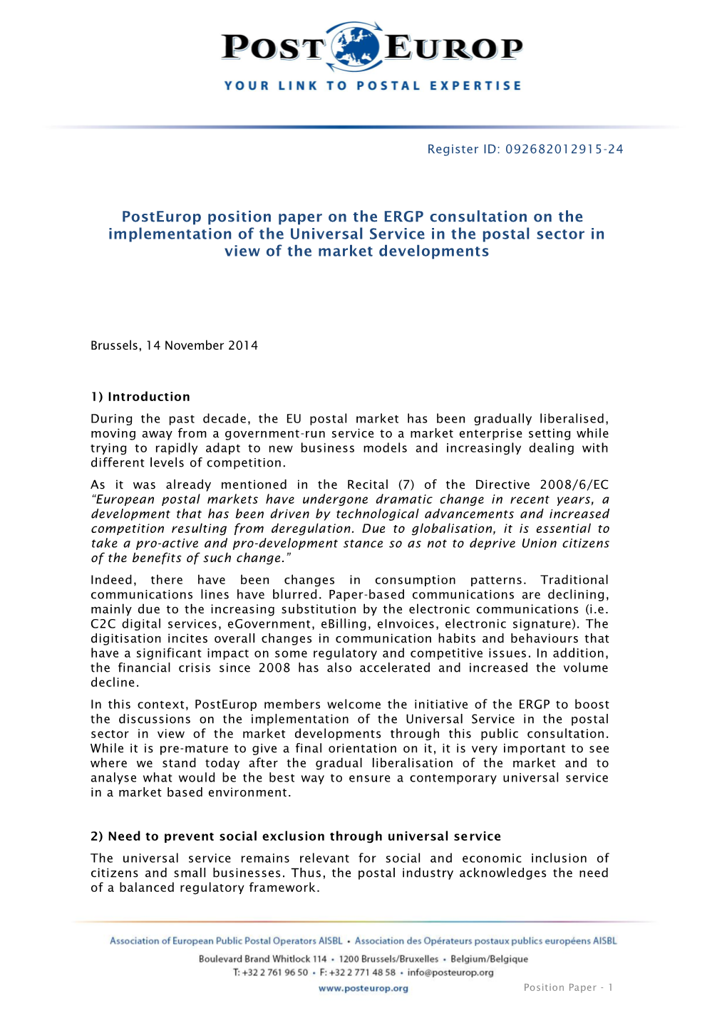 2014 Posteurop Position Paper on ERGP USO Consultation