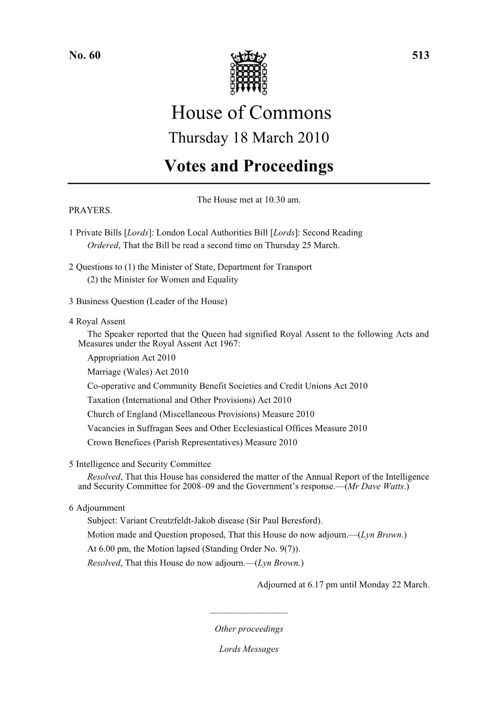 House of Commons Thursday 18 March 2010 Votes and Proceedings