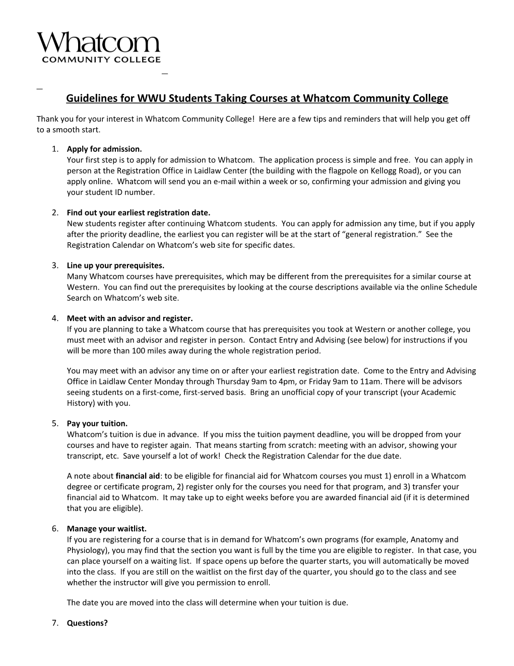 Guidelines for WWU Students Taking Courses at Whatcom Community College