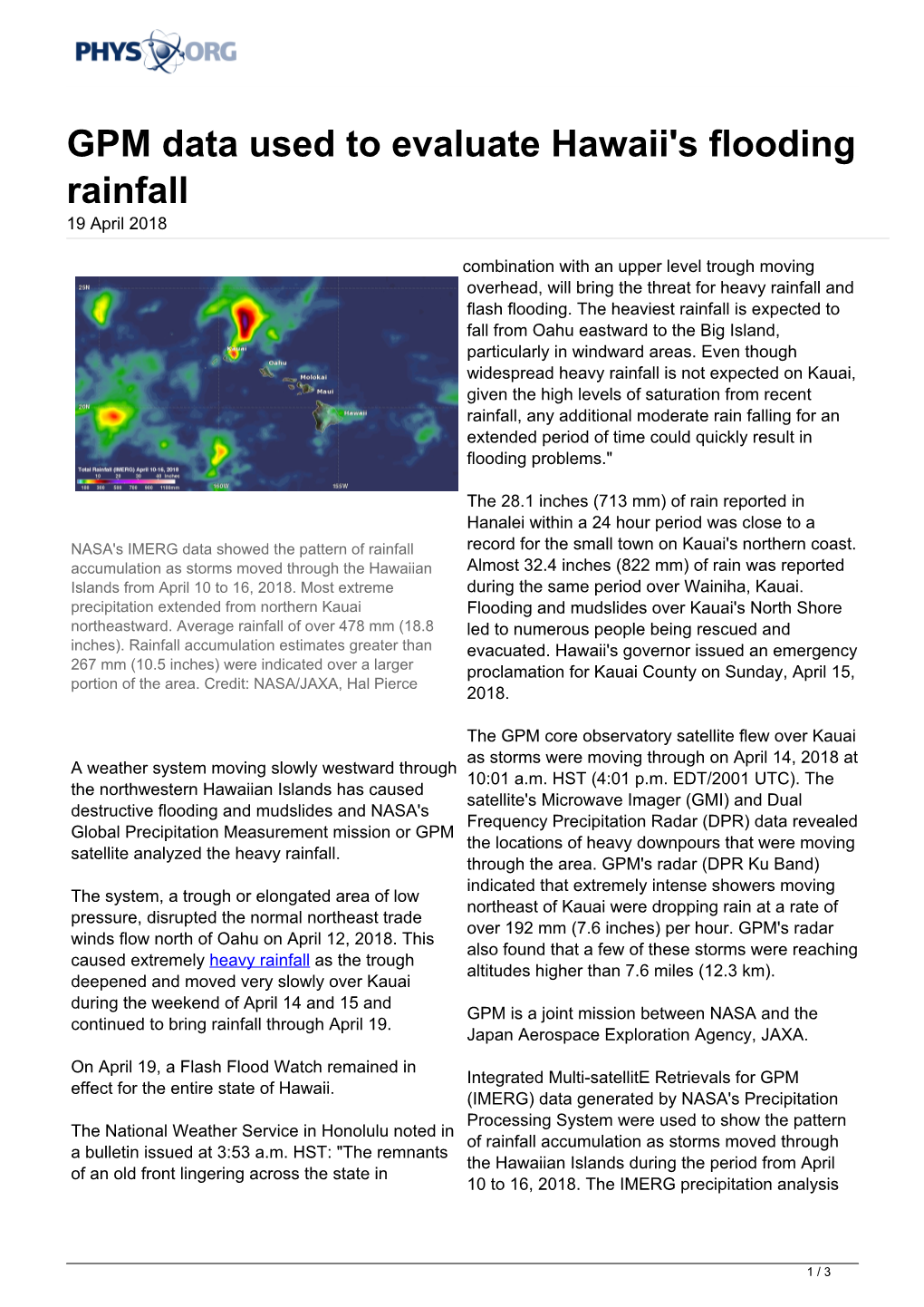 GPM Data Used to Evaluate Hawaii's Flooding Rainfall 19 April 2018