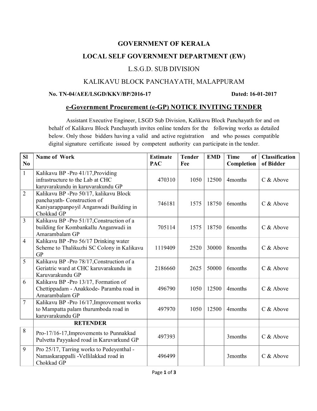 GOVERNMENT of KERALA LOCAL SELF GOVERNMENT DEPARTMENT (EW) L.S.G.D. SUB DIVISION KALIKAVU BLOCK PANCHAYATH, MALAPPURAM E-Govern