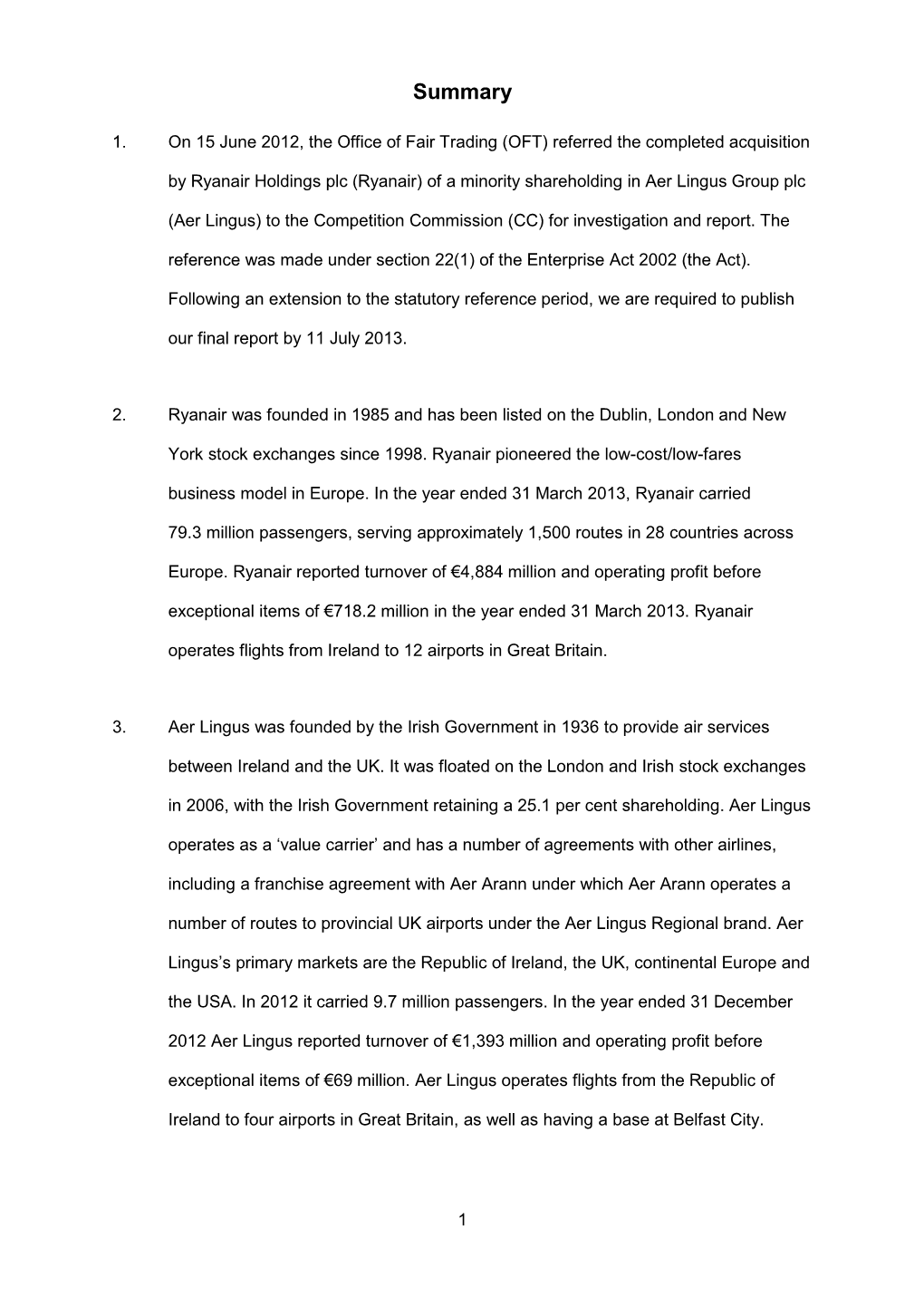 Ryanair/Aer Lingus Summary of Provisional Findings