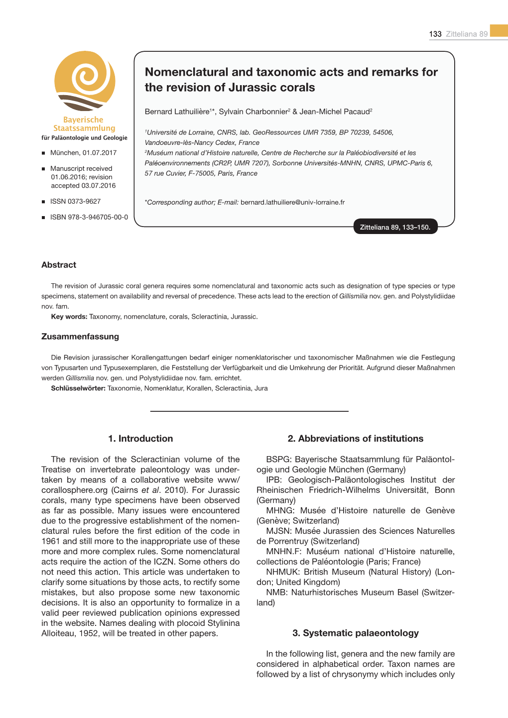 Nomenclatural and Taxonomic Acts and Remarks for the Revision of Jurassic Corals