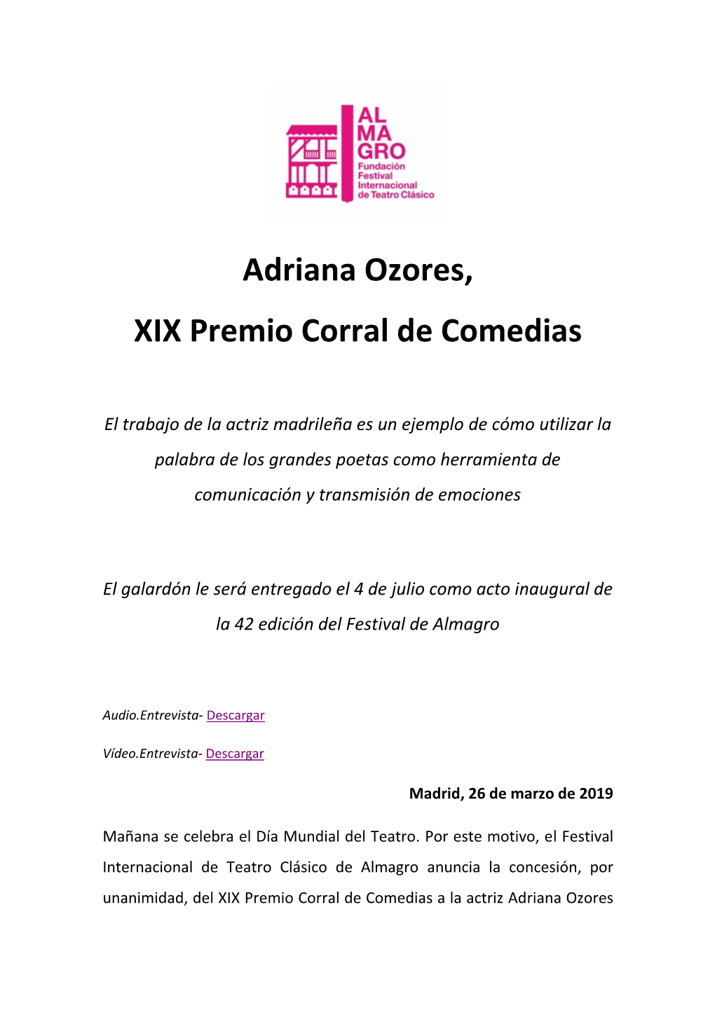 Adriana Ozores, XIX Premio Corral De Comedias