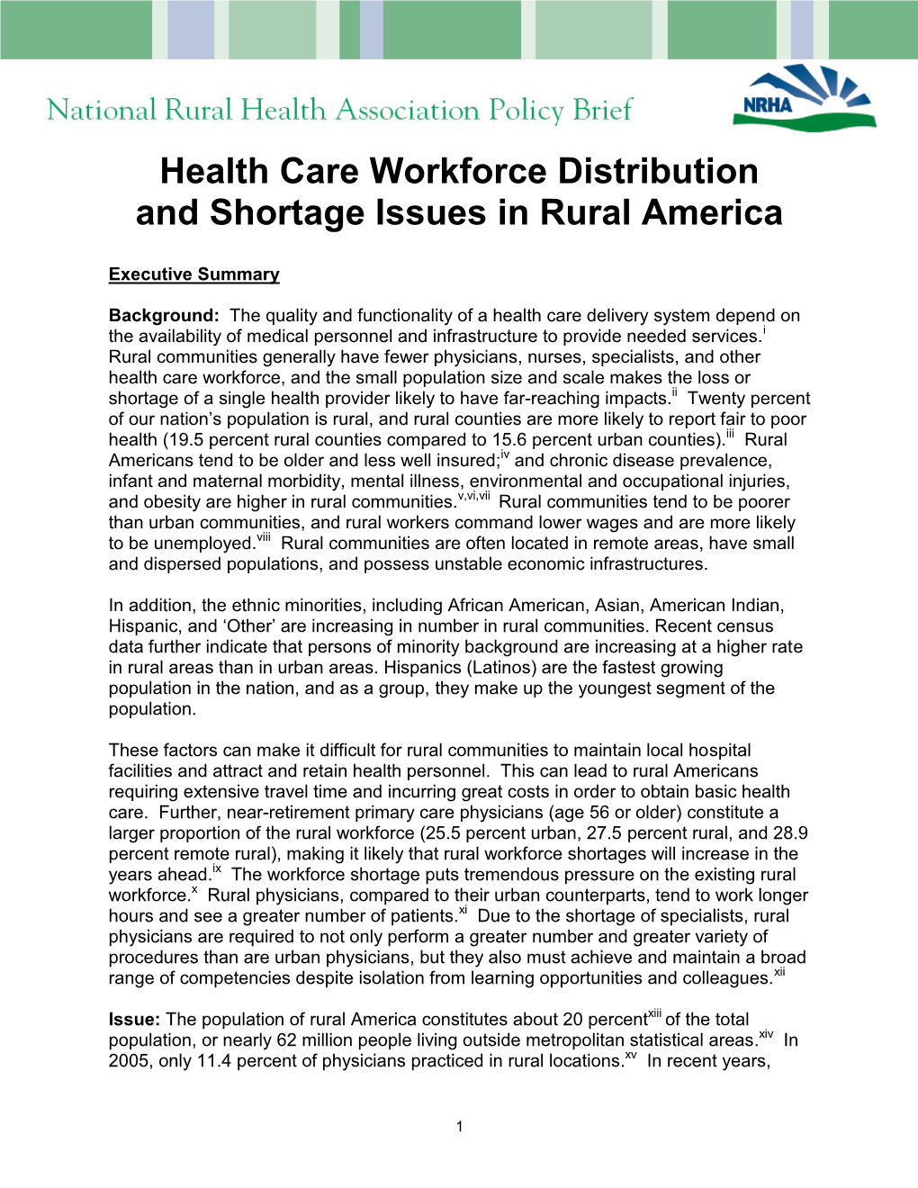 Health Care Workforce Distribution and Shortage Issues in Rural America