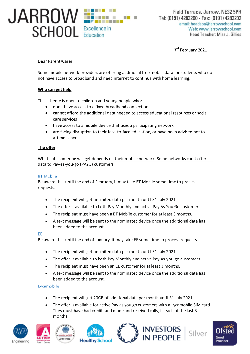 Free Mobile Data for Students Who Do Not Have Access to Broadband and Need Internet to Continue with Home Learning