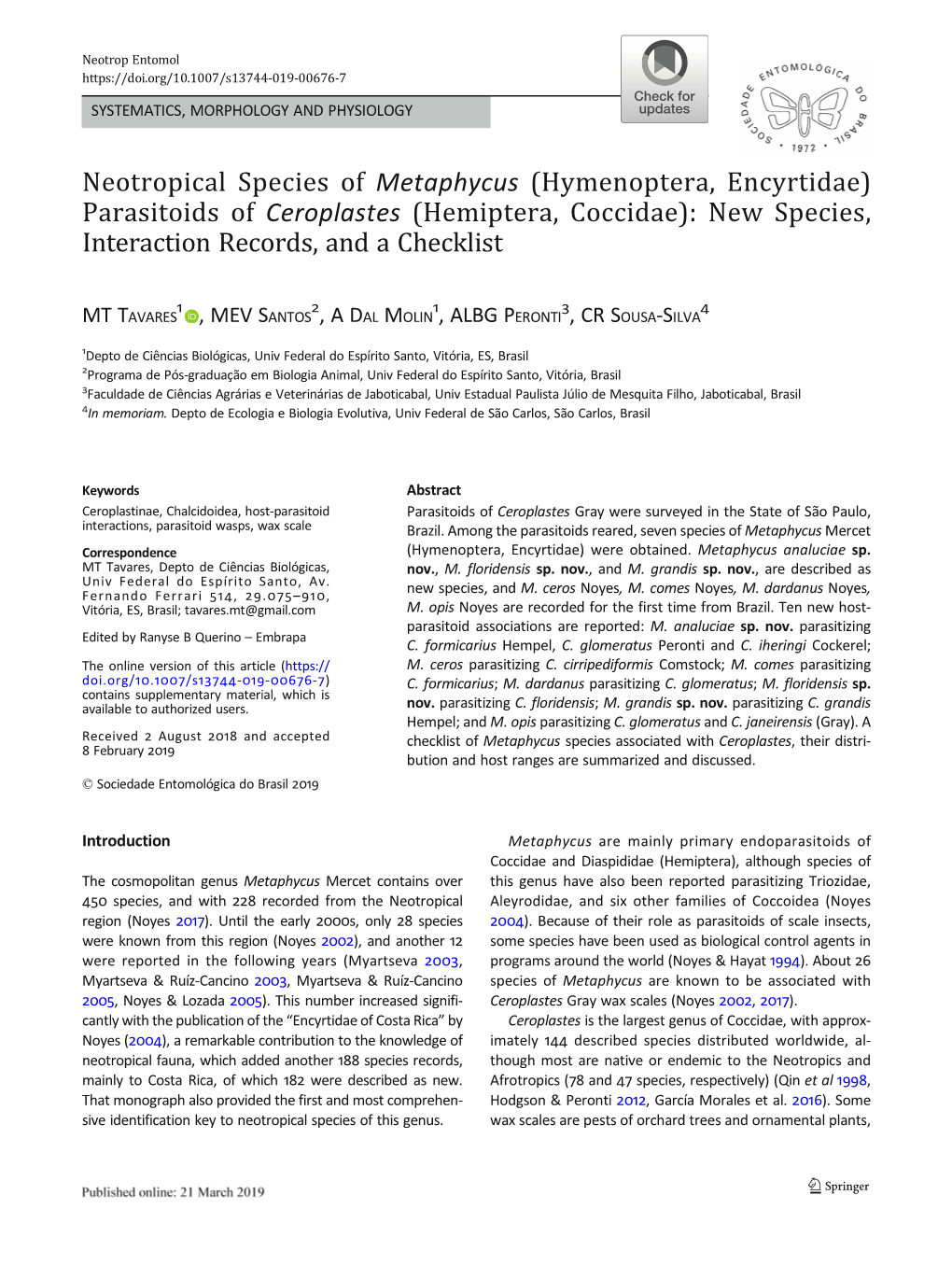 Neotropical Species of Metaphycus (Hymenoptera, Encyrtidae) Parasitoids of Ceroplastes (Hemiptera, Coccidae): New Species, Interaction Records, and a Checklist