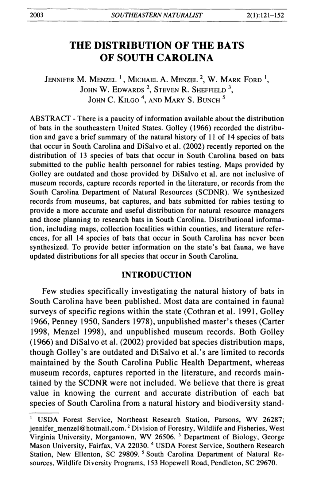 The Distribution of the Bats of South Carolina