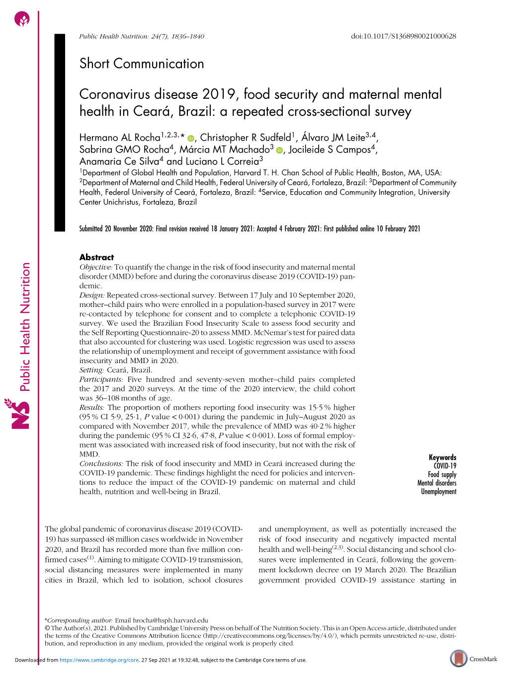 Coronavirus Disease 2019, Food Security and Maternal Mental Health in Ceará, Brazil: a Repeated Cross-Sectional Survey