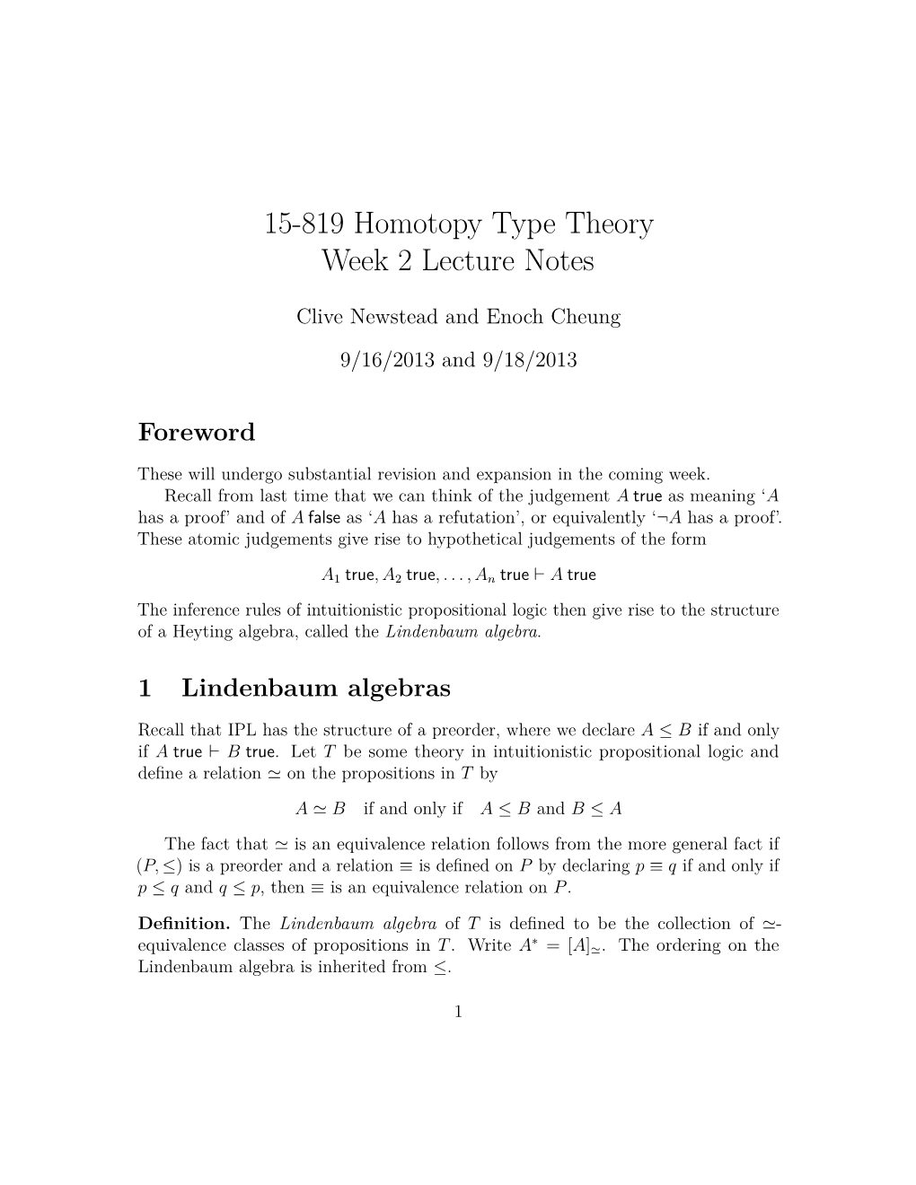 15-819 Homotopy Type Theory Week 2 Lecture Notes