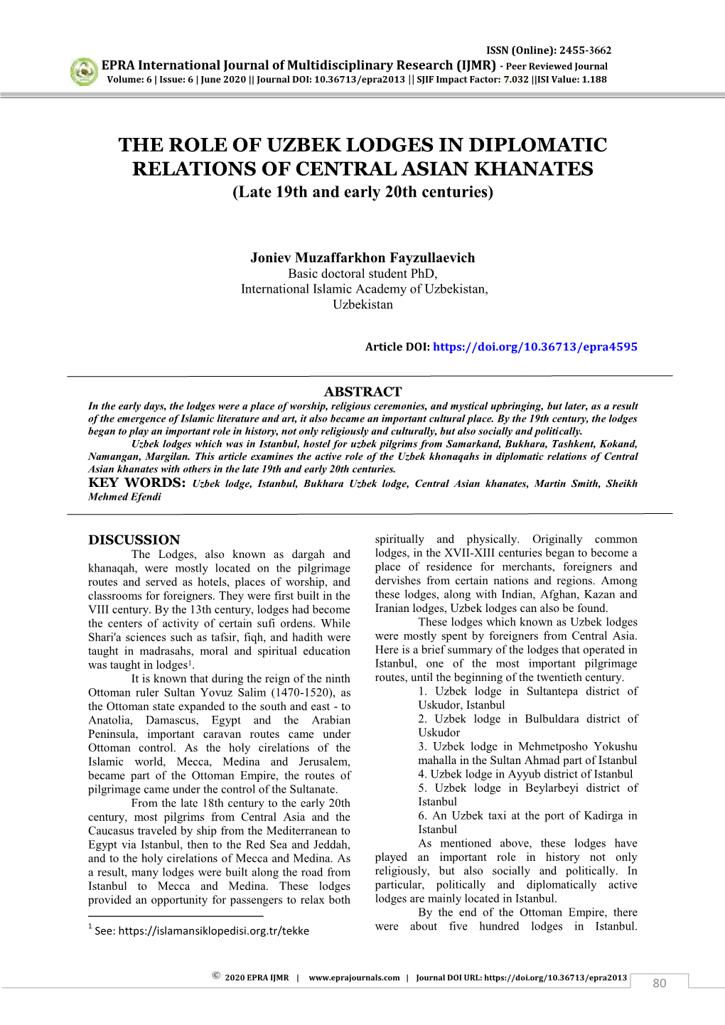 THE ROLE of UZBEK LODGES in DIPLOMATIC RELATIONS of CENTRAL ASIAN KHANATES (Late 19Th and Early 20Th Centuries)