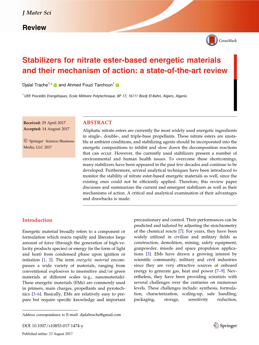 Stabilizers for Nitrate Ester-Based Energetic Materials and Their Mechanism of Action: a State-Of-The-Art Review