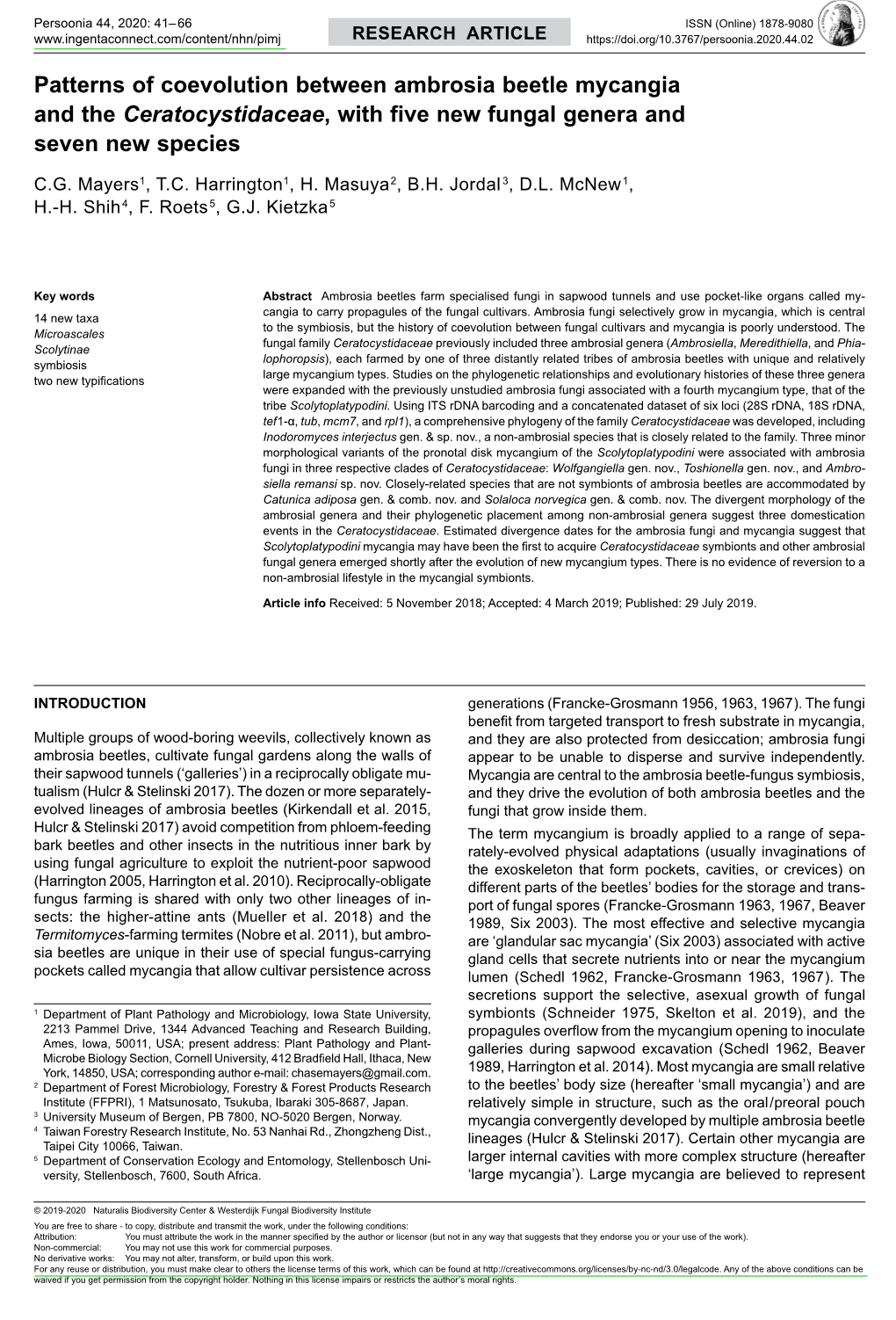 Patterns of Coevolution Between Ambrosia Beetle Mycangia and the Ceratocystidaceae, with Five New Fungal Genera and Seven New Species