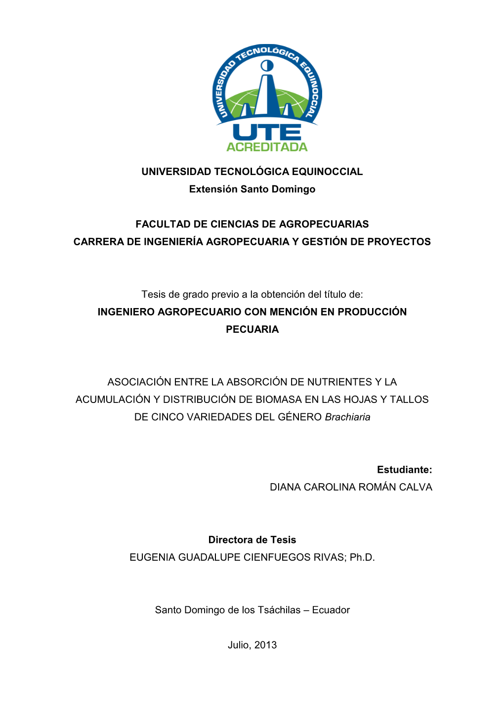 UNIVERSIDAD TECNOLÓGICA EQUINOCCIAL Extensión Santo Domingo