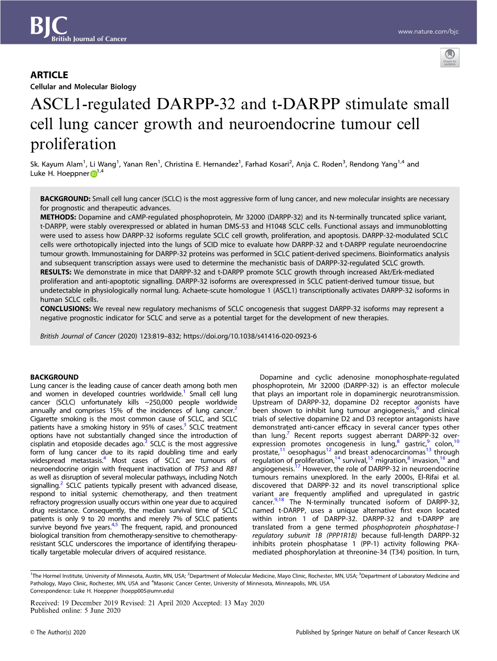 ASCL1-Regulated DARPP-32 and T-DARPP Stimulate Small Cell Lung Cancer Growth and Neuroendocrine Tumour Cell Proliferation