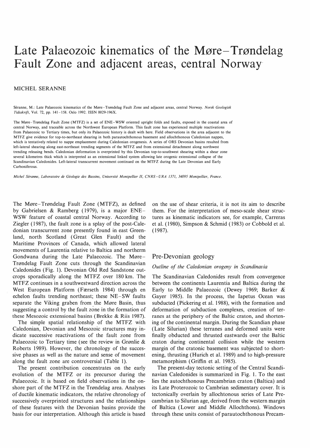 Late Palaeozoic Kinematics of the Møre- Trøndelag Fault Zone and Adjacent Areas, Central Norway·