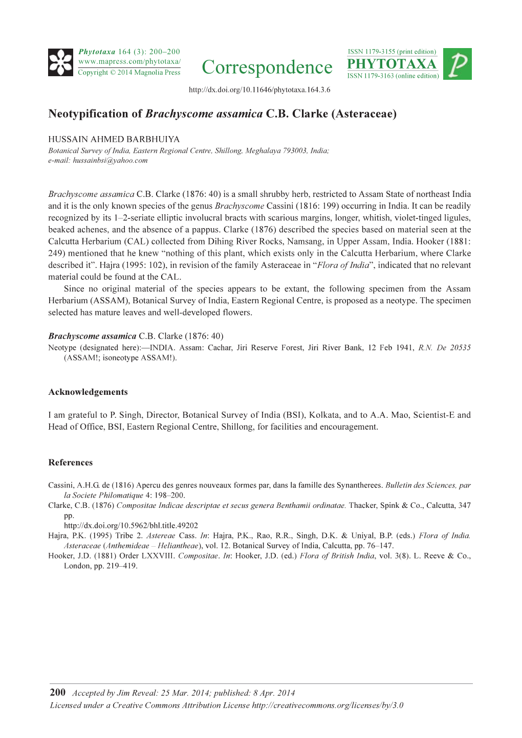 Neotypification of Brachyscome Assamica C.B. Clarke (Asteraceae)
