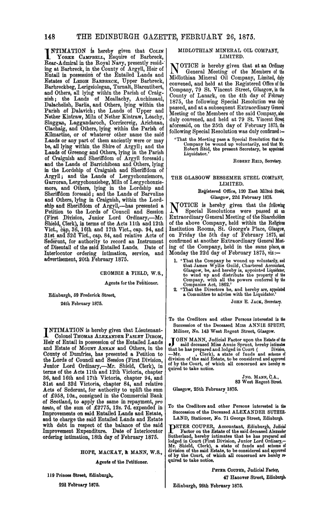 148 the Edinburgh Gazette, February 26, 1875