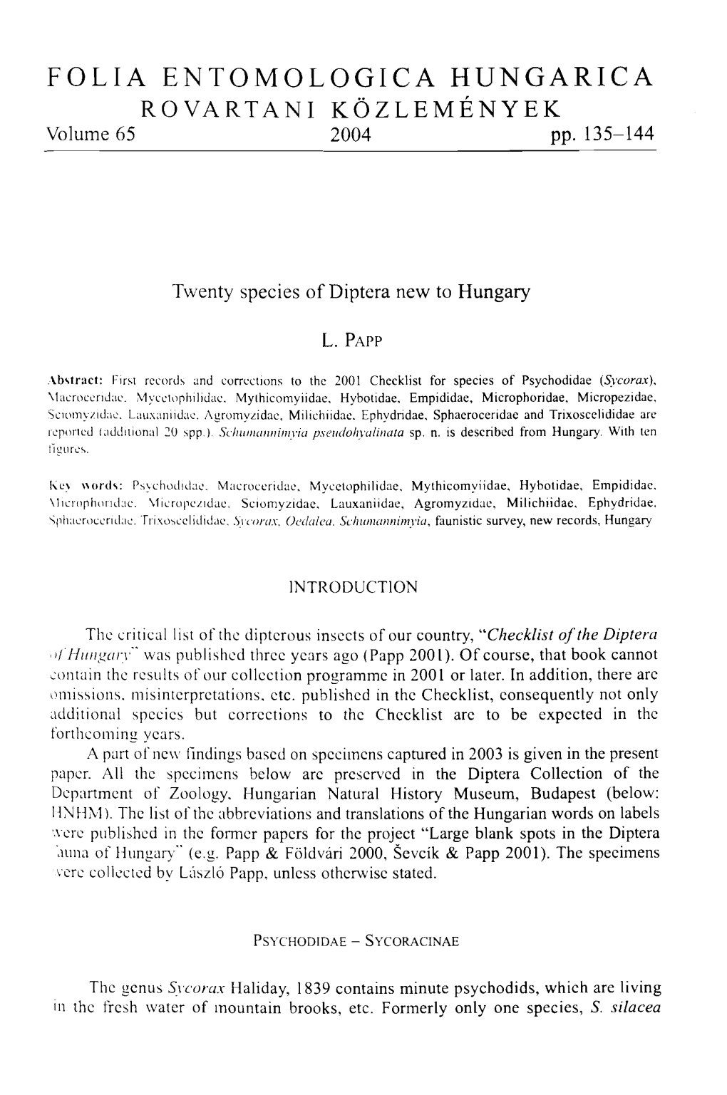 FOLIA ENTOMOLOGICA HUNGARICA ROVARTANI KOZLEMENYEK Volume 65 2004 Pp