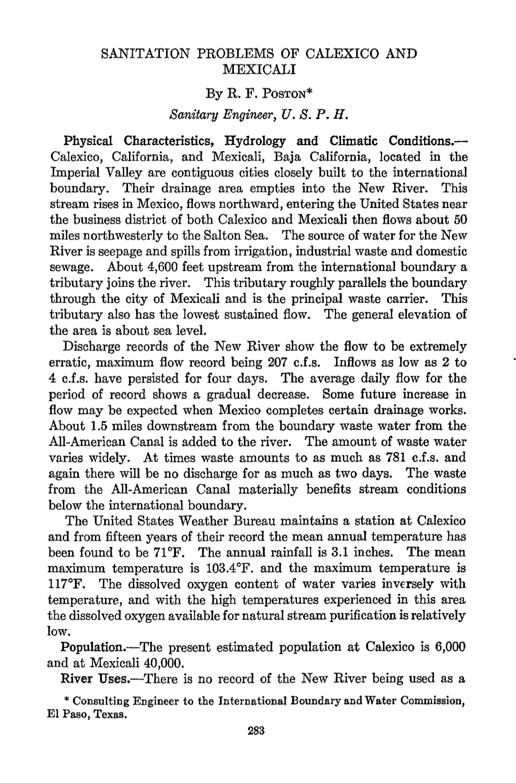 SANITATION PROBLEMS of CALEXICO and MEXICALI by R. F. POSTON* Sanitay Engineer, U