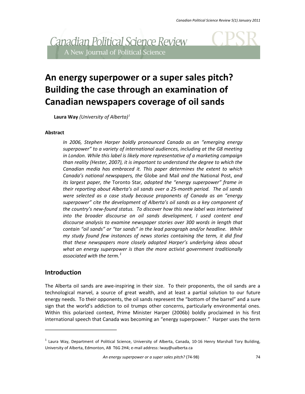 An Energy Superpower Or a Super Sales Pitch? Building the Case Through an Examination of Canadian Newspapers Coverage of Oil Sands