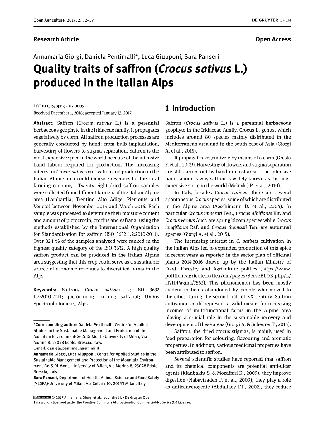 Quality Traits of Saffron (Crocus Sativus L.) Produced in the Italian Alps