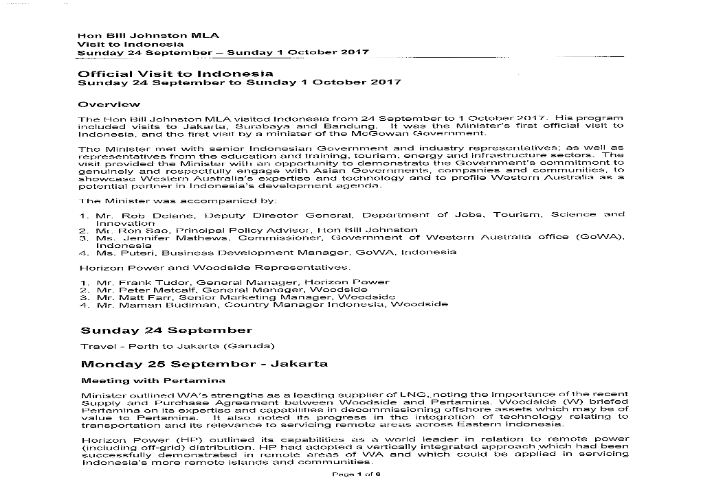 Hon Bill Johnston MLA Visit to Indonesia Sunday 24 September - Sunday 1 October 2017