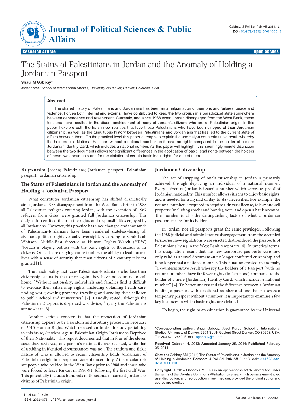 The Status of Palestinians in Jordan and the Anomaly of Holding A