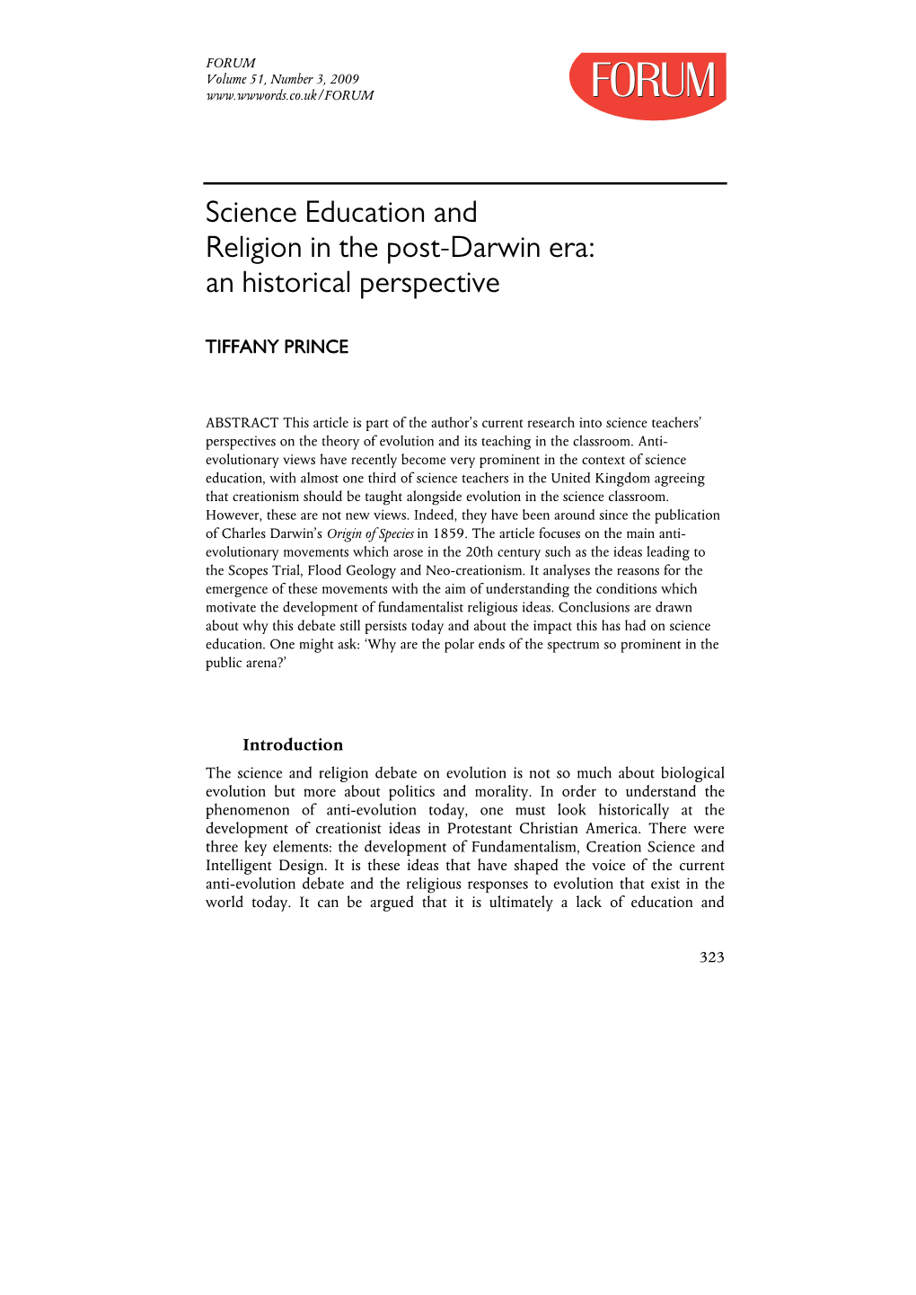 Science Education and Religion in the Post-Darwin Era: an Historical Perspective