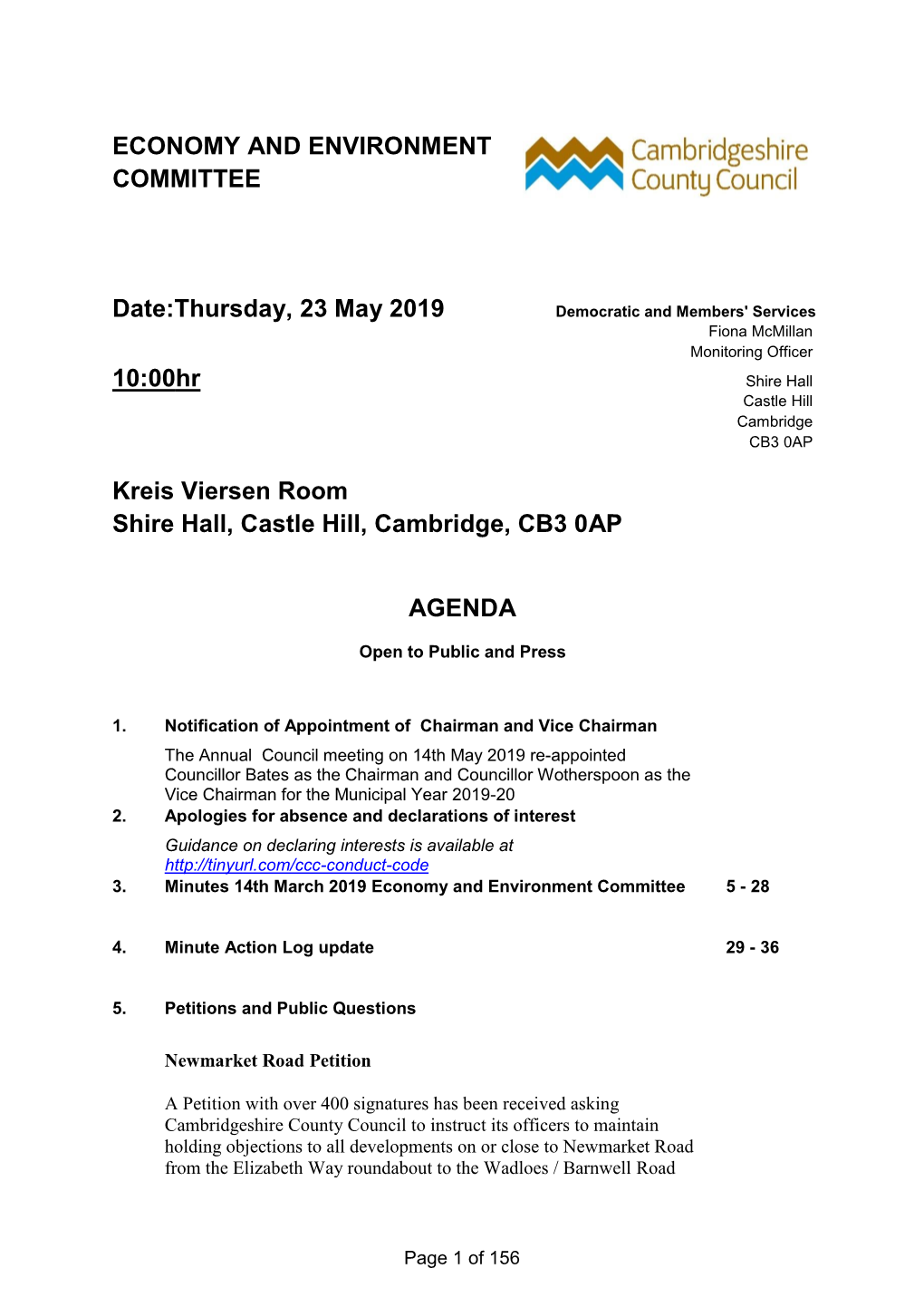 ECONOMY and ENVIRONMENT COMMITTEE Date:Thursday, 23 May 2019 10:00Hr Kreis Viersen Room Shire Hall, Castle Hill, Cambridge