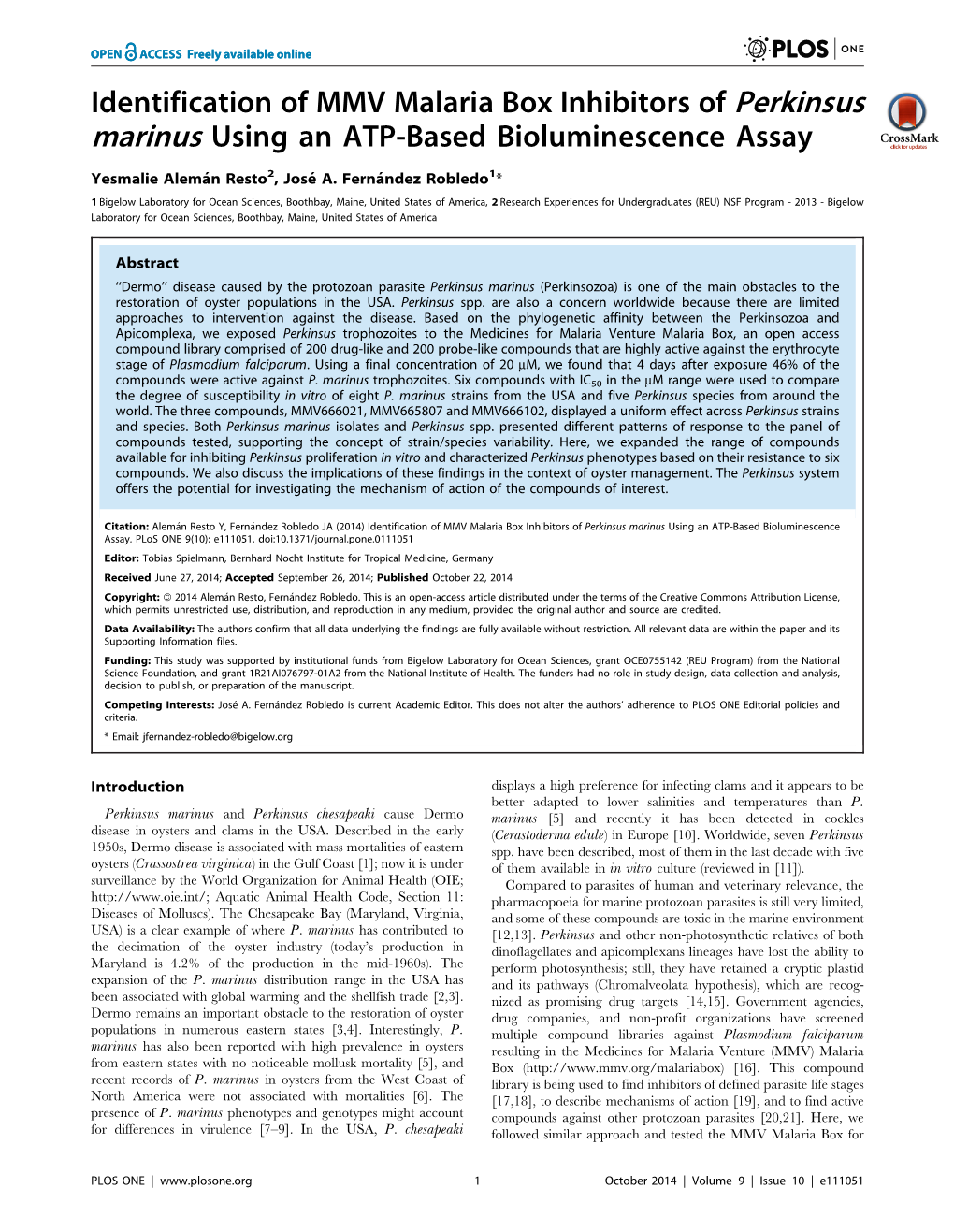 Identification of MMV Malaria Box Inhibitors of Perkinsus Marinus Using an ATP-Based Bioluminescence Assay