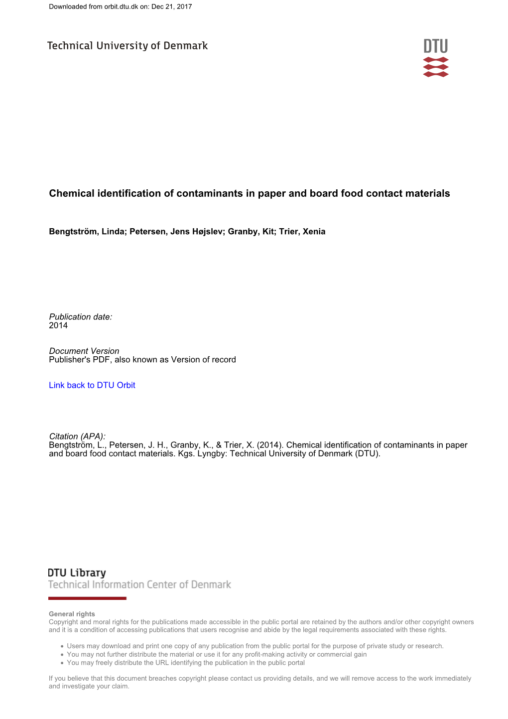 Chemical Identification of Contaminants in Paper and Board Food Contact Materials