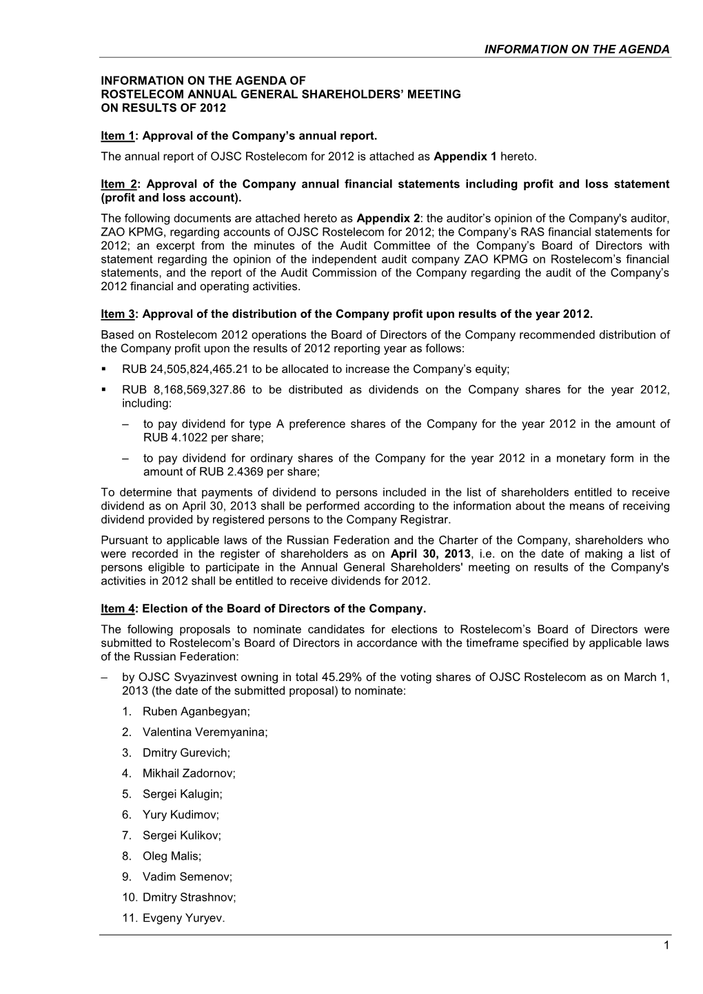 Information on the Agenda of Rostelecom Annual General Shareholders’ Meeting on Results of 2012