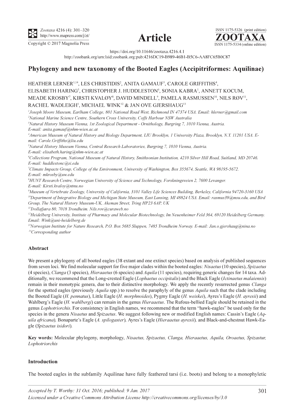 Phylogeny and New Taxonomy of the Booted Eagles (Accipitriformes: Aquilinae)