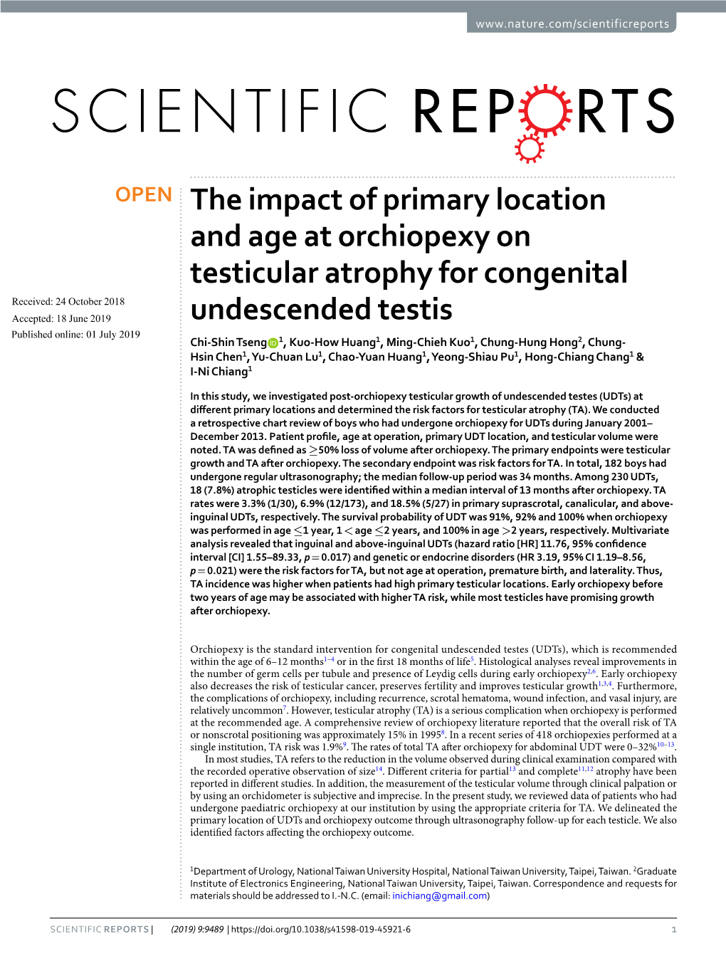 The Impact of Primary Location and Age at Orchiopexy on Testicular