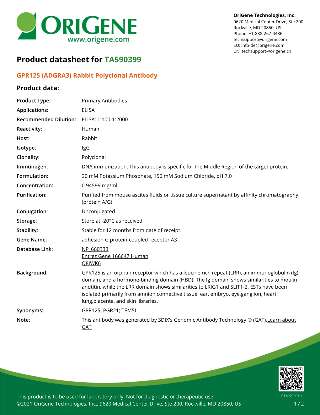 GPR125 (ADGRA3) Rabbit Polyclonal Antibody – TA590399 | Origene