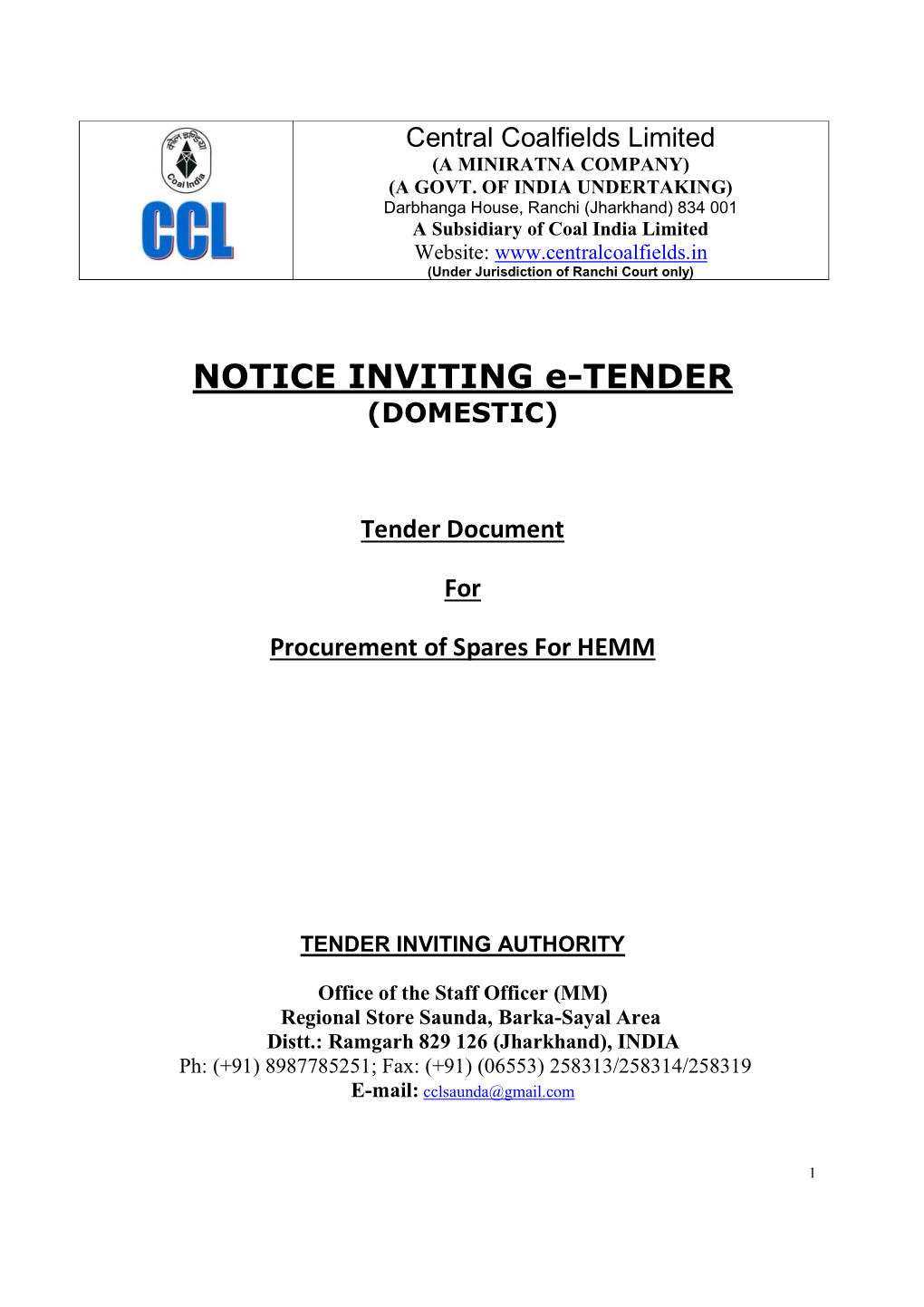 NOTICE INVITING E-TENDER (DOMESTIC)