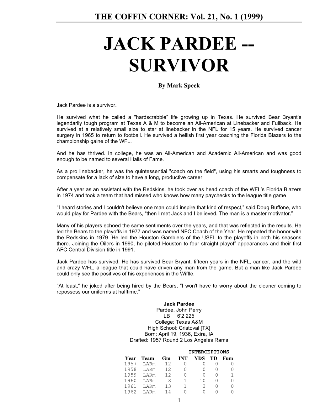 Jack Pardee -- Survivor
