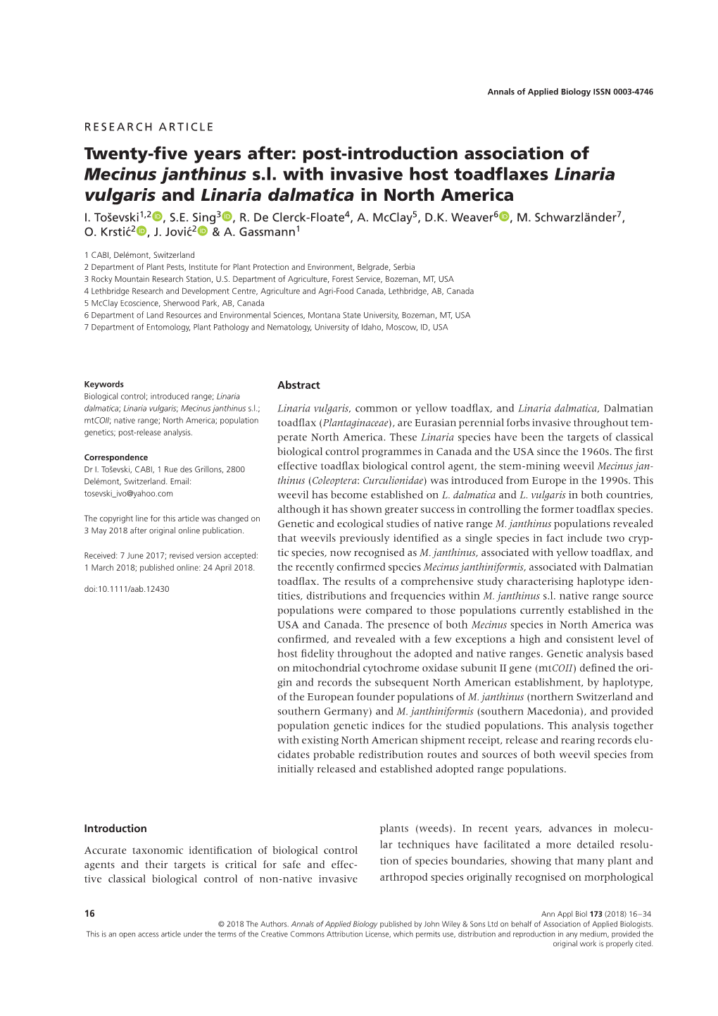 Post-Introduction Association of Mecinus Janthinus S.L