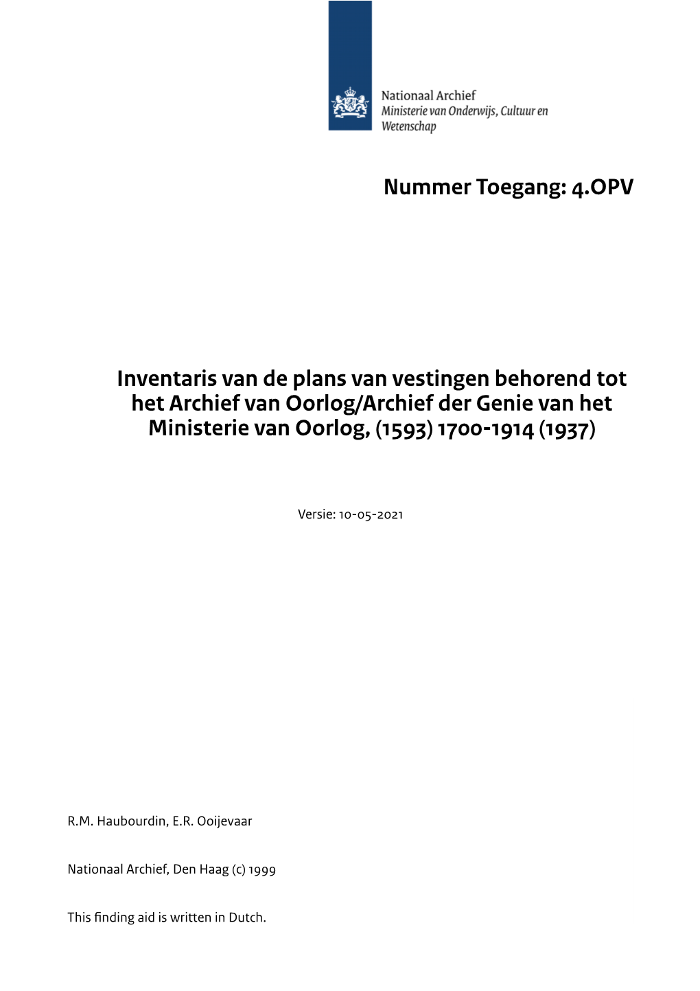 4.OPV Inventaris Van De Plans Van Vestingen Behorend Tot Het Archief Van Oorlog/Archief Der Genie Van Het Ministerie Van Oorlog